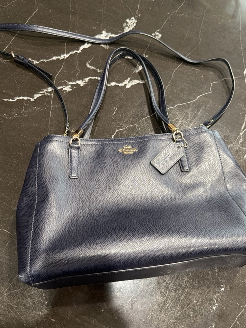 Coach Navy Leather Satchel with Gold-Tone Hardware